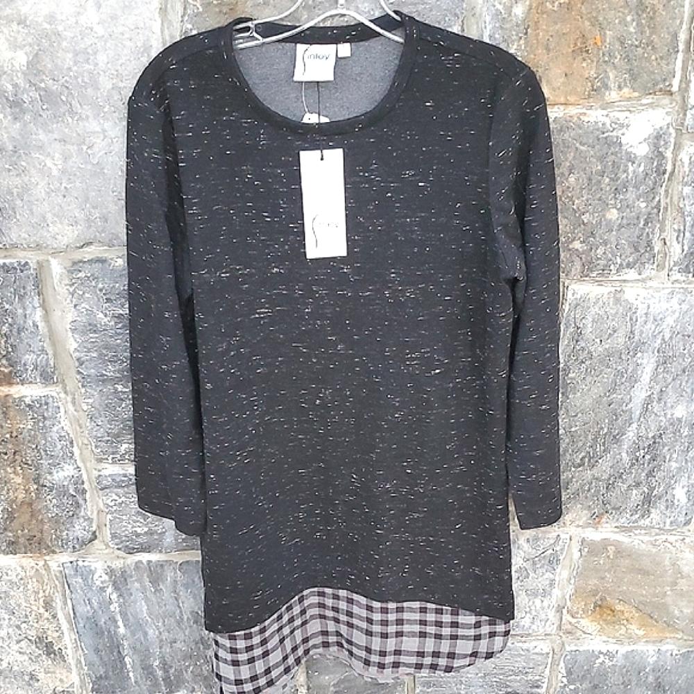 Finley Plaid Hem Round Neck Shirt Casual Mini Short Dress Small Petite